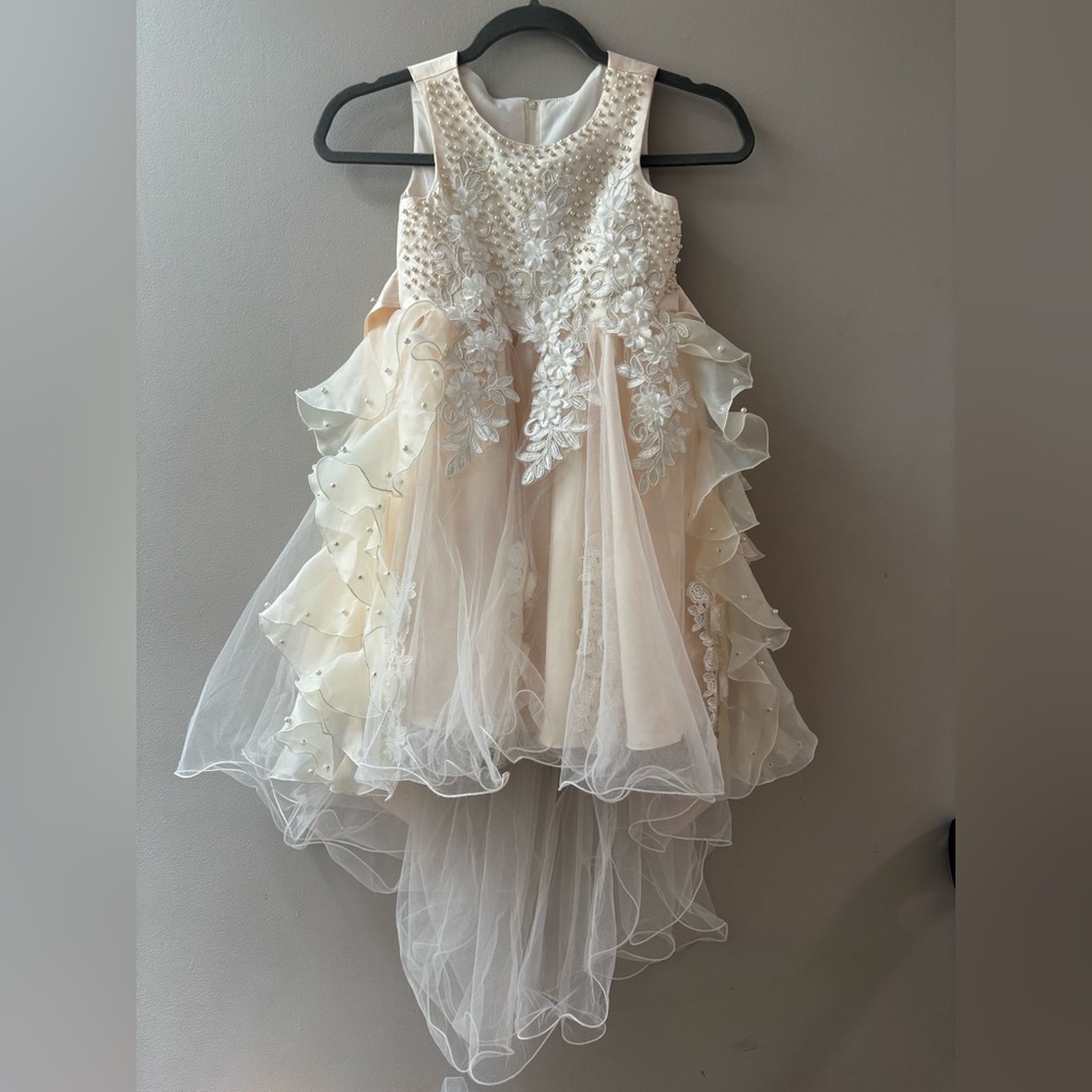 Ivory Floral Applique Tulle High-Low Flower Girl Party Dress